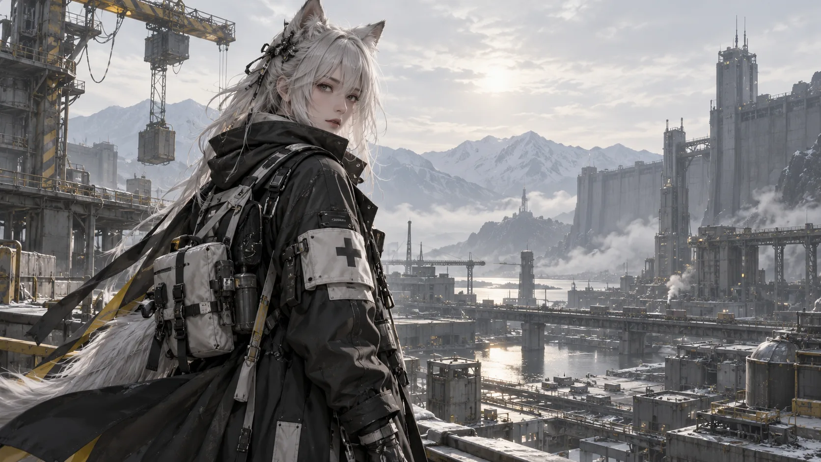 Wide industrial landscape with a white-haired operator in a dark coat, used as the hub hero